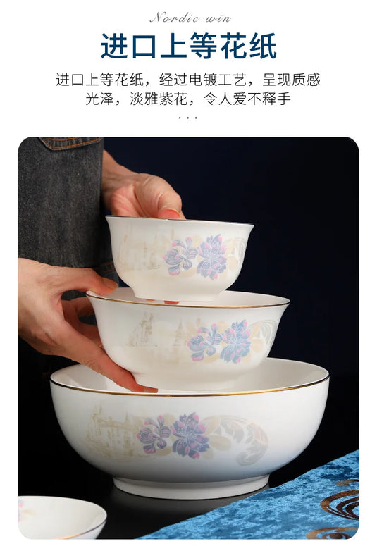 Zimo Flower Phnom Penh Bone Porcelain Tableware, Household Light Luxury Ceramic Bowl and Spoon Set, Bowl and Plate Combination