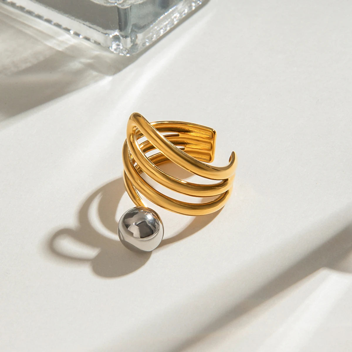 Gold Silber Farblich Passender Mehrschichtiger Unregelmäßiger Stahlkugelring 18K PVD Beschichtet Damen Antiallergischer Metallanhänger Täglicher Schmuck