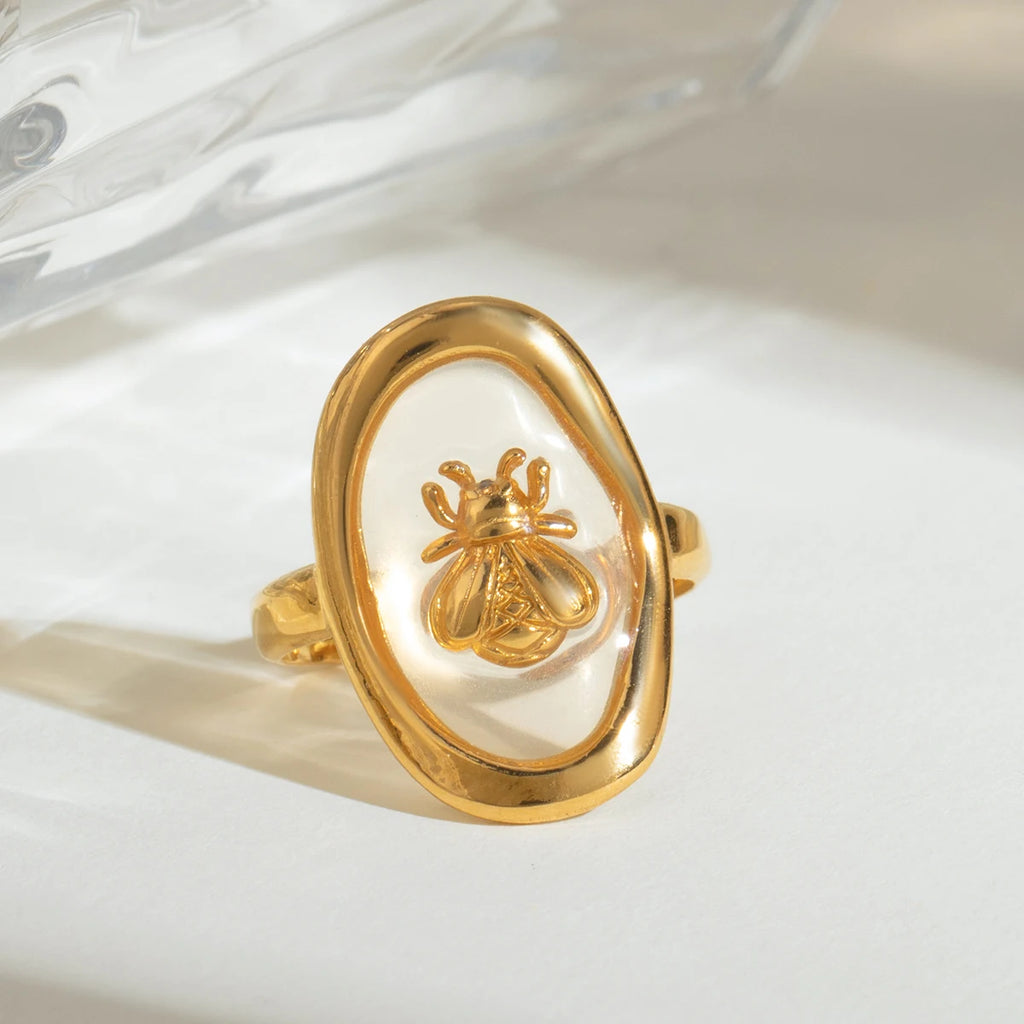 Kreativer 18K vergoldeter Edelstahl-Oval-Bienenförmiger offener Ring für Frauen, anti-allergisch, Charme, täglicher Schmuckzubehör