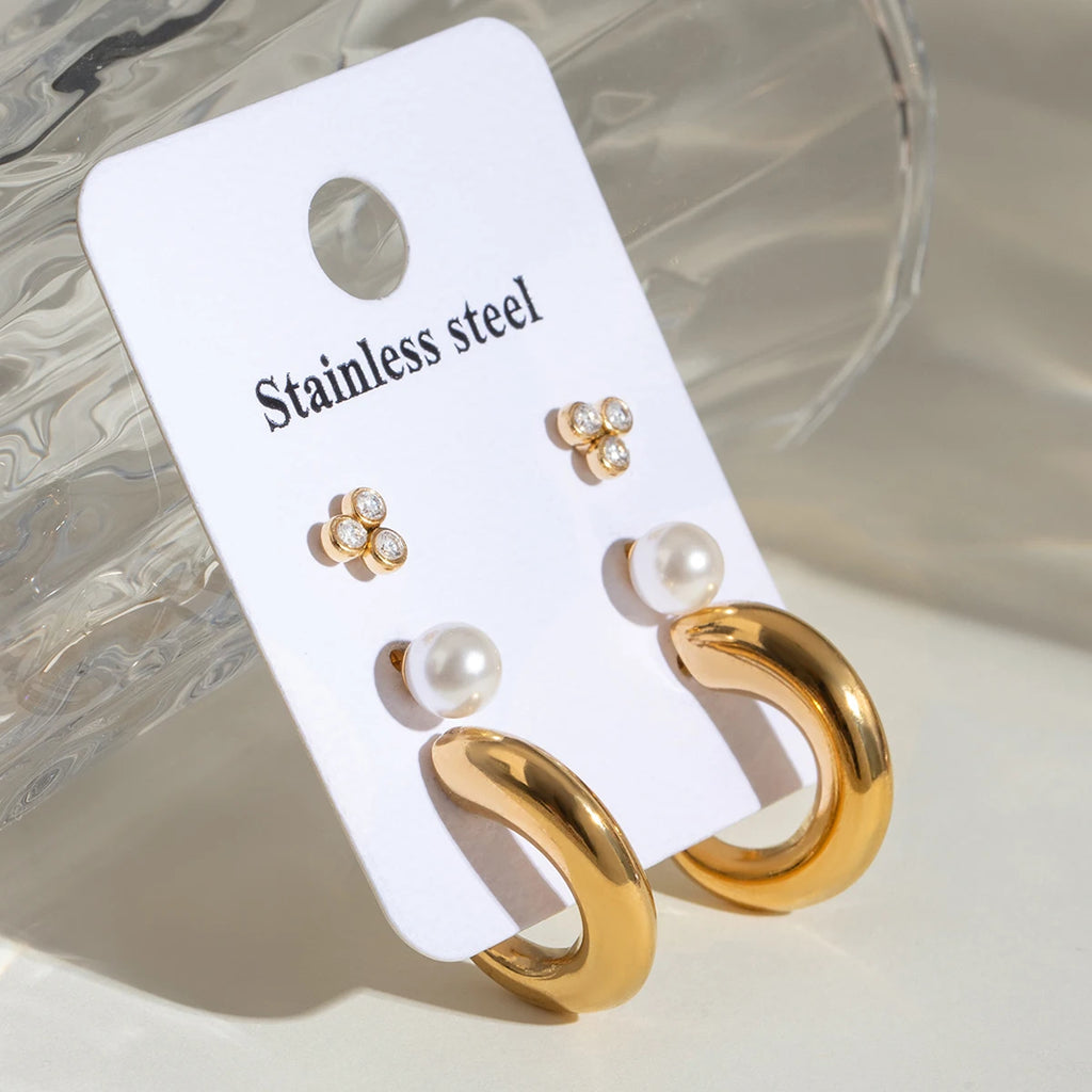 Trendy 18k Stainless Steel Vintage C shape White Zircon Plastic Pearl  Smooth Earrings Women Statement Rust Proof Jewelry