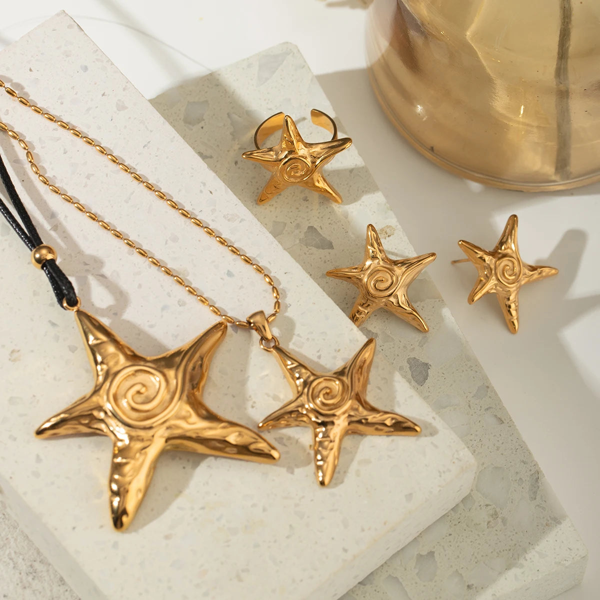 Summer Beach 18k Gold Plated Stainless Steel Vintage Threaded Starfish Necklace Earrings Open Ring Set Women Charm Jewelry Gift