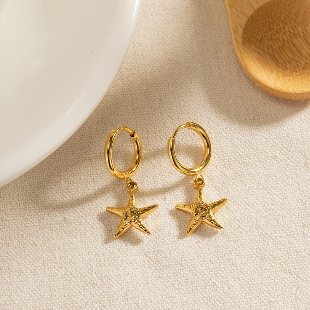 Brincos Pendentes Estrela-do-mar Design para Mulheres Brincos Criativos de Estrela de Cinco Pontas Brincos de Aço Inoxidável para Senhoras Presente de Joalheria