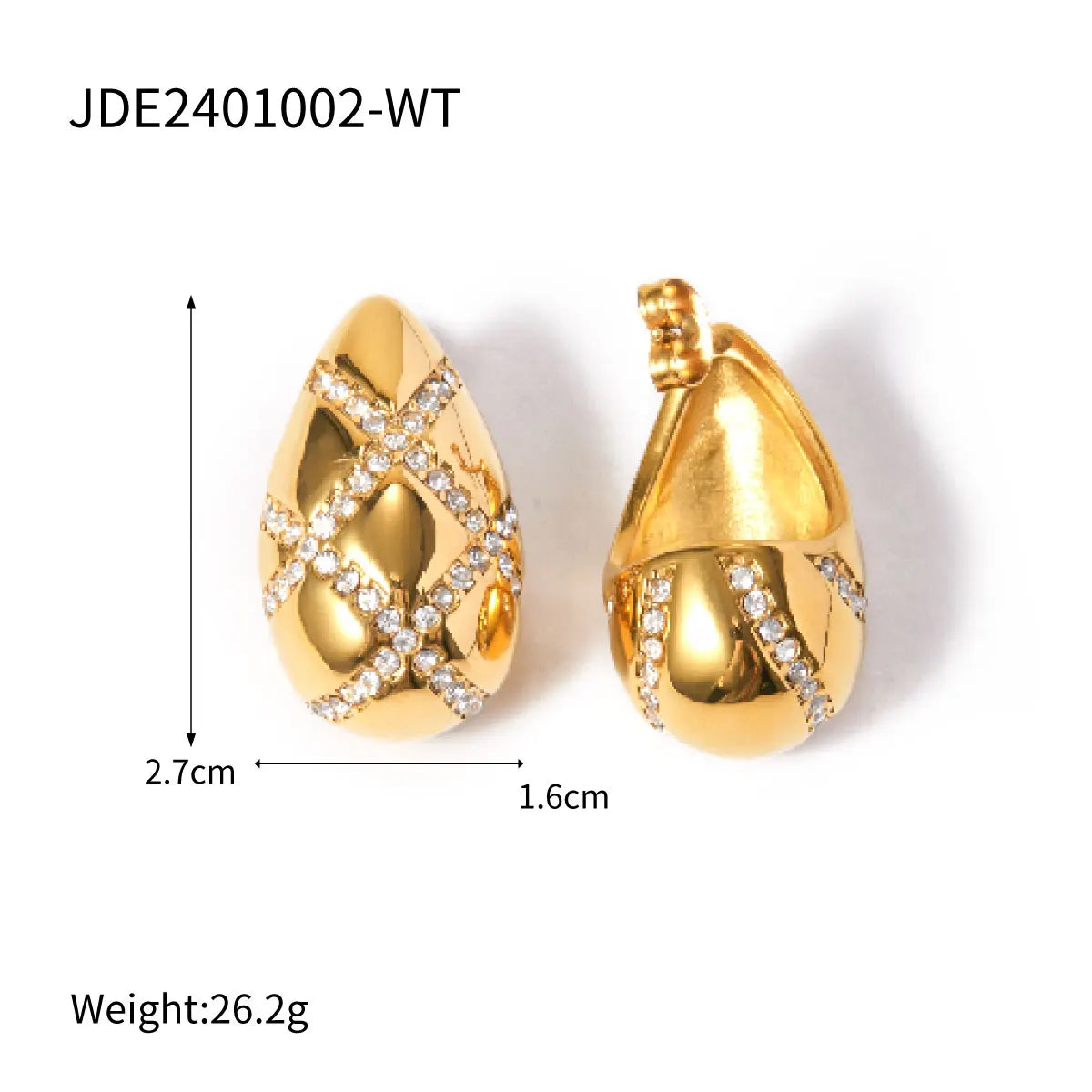 Kolczyk w kształcie kropli wody z inkrustacją kryształków, modna, wodoodporna biżuteria ze stali nierdzewnej pozłacanej 18K złotem, wzór rombu