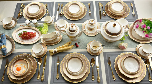 Ensemble de vaisselle de luxe doré de style royal Karosa 98 pièces en porcelaine anglaise