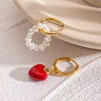 Boucles d'oreilles pour femmes en acier inoxydable, plaquées or 18 carats, perle d'eau douce, cœur à boucle rouge avec goutte d'huile, bijoux antirouille, déclaration