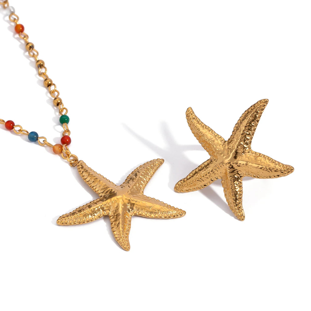 Creative 18k Gold Plated Hammer Grain Starfish Pendant Necklace Earrings Stainless Steel Women Anti Allergic Charm Jewelry