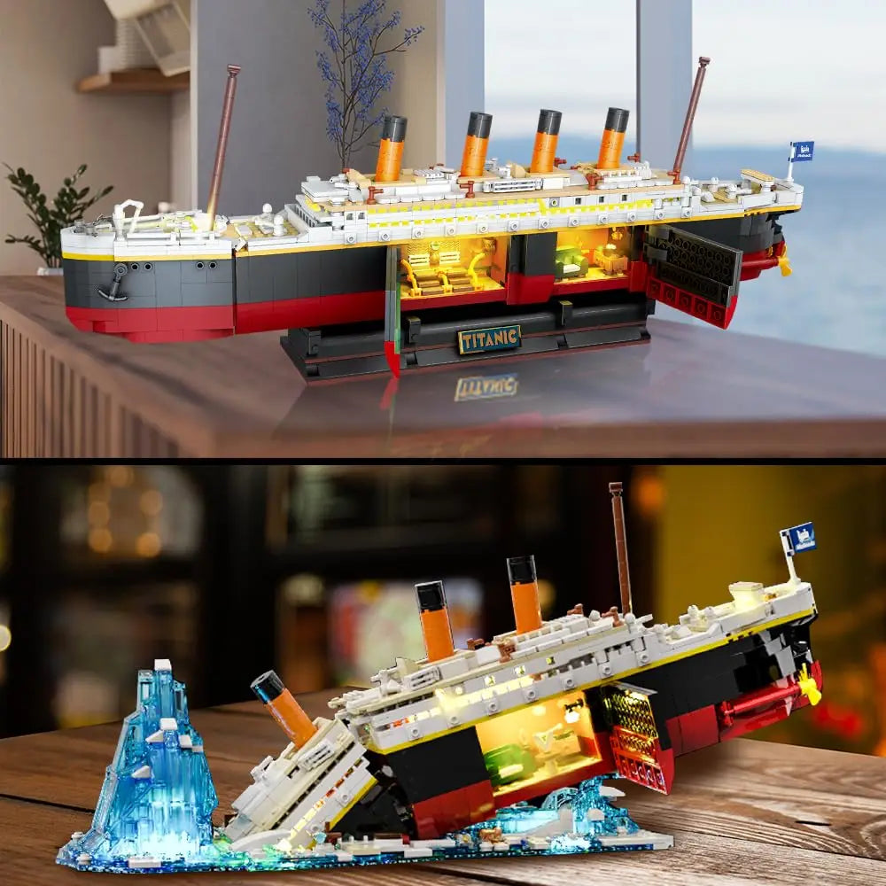 Titanic Building Set with LED-2 in 1 Titanic Ship Mini Block Ship Model with Glacier Display Stand Toy Gift for Adults Kids10+
