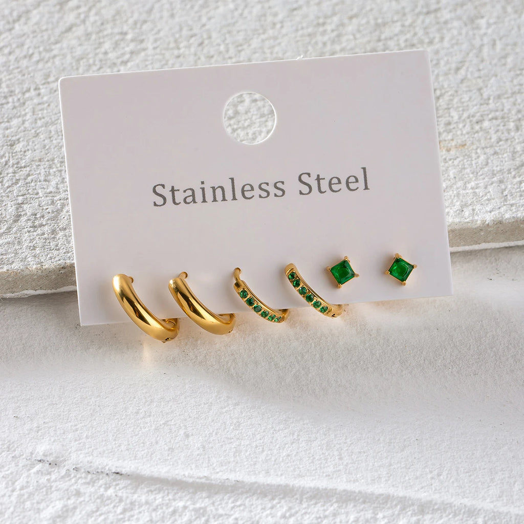 18k Stainless Steel Vintage Zircon Square Stud Earrings 3 Pairs in One Card Women Statement Charm Texture Rust Proof Jewelry