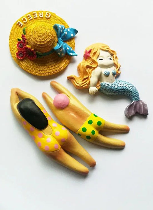 Seaside Holiday Straw Hat Cartoon Cute Mermaid 3D Creative Stereo Resin Refrigerator Magnet Souvenir for Home Decor - Grand Goldman