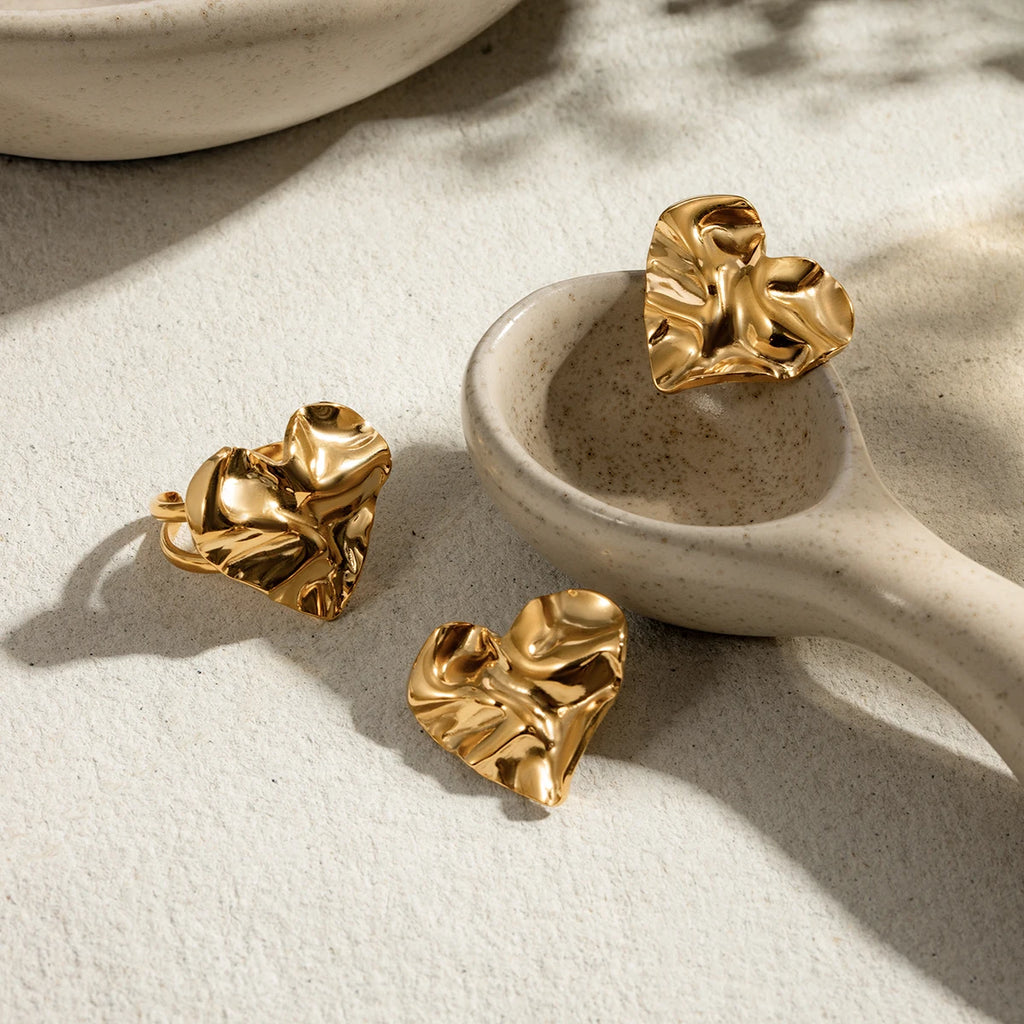 Waterproof 18K PVD Stainless Steel Geometric Hammer Grain Love Heart Opening Ring Charm Metal Simple Jewelry Bijoux Femme New