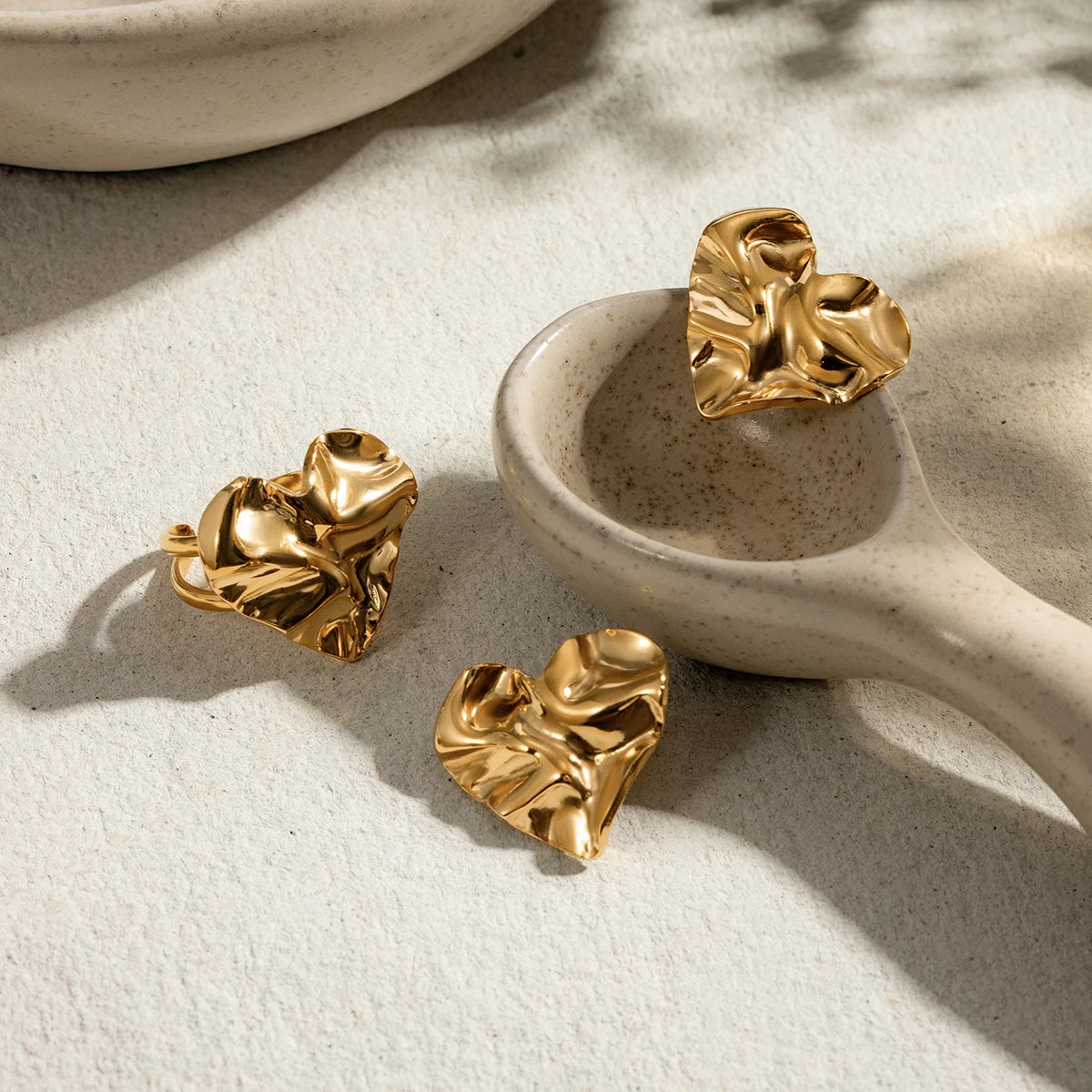 Waterproof 18K PVD Stainless Steel Geometric Hammer Grain Love Heart Opening Ring Charm Metal Simple Jewelry Bijoux Femme New