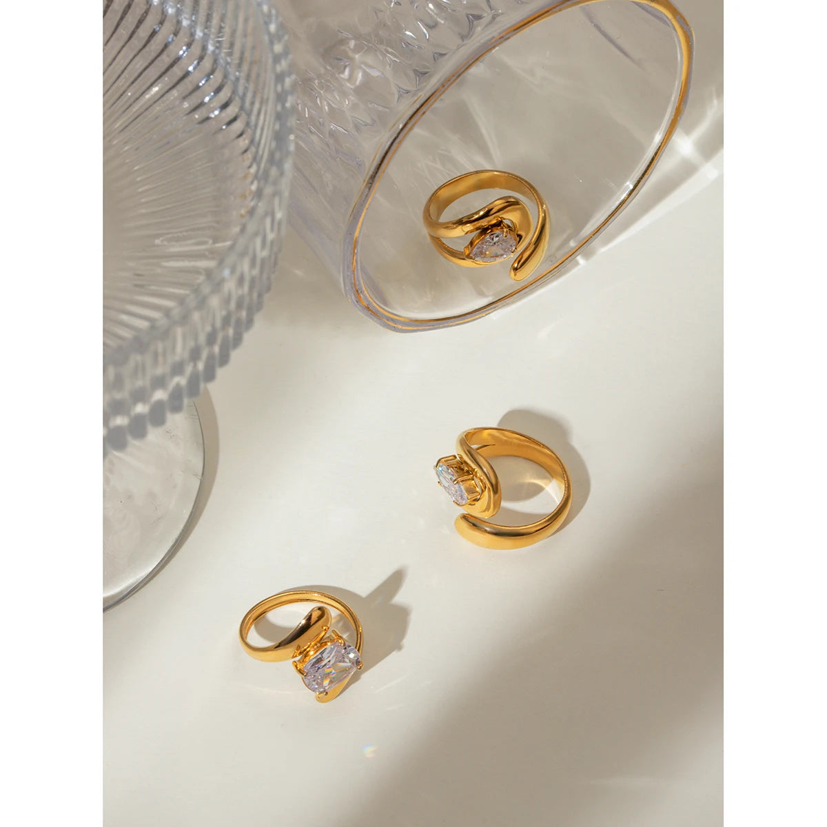 18K Gold Plated Stainless Steel Big Opening Ring Inlay Water Drop Shaped Zircon Anti Allergic Metal Statement Jewelry Women