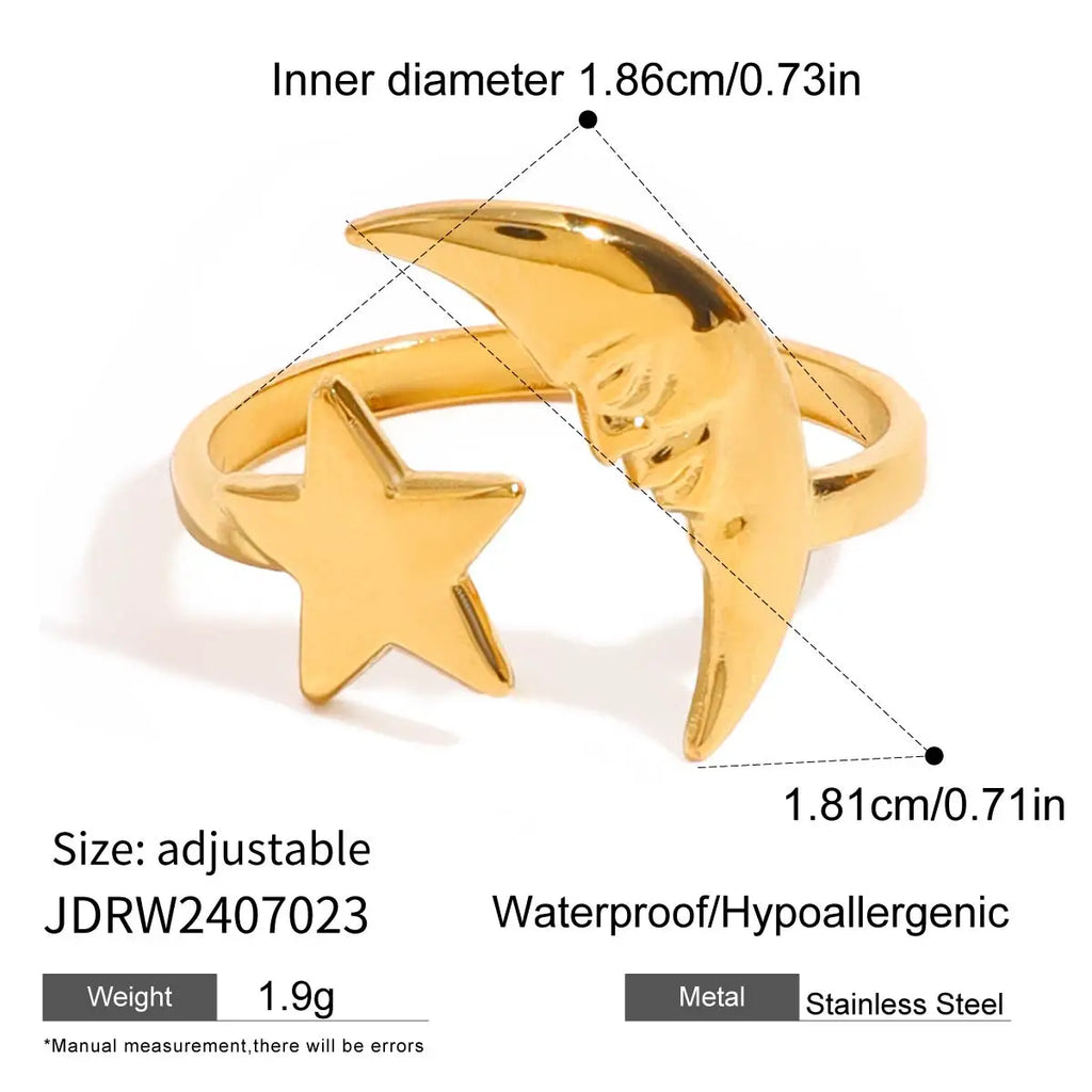 18K PVD minimalistische roestvrije roestvrijstalen ster maan ontwerp open ring dames stijlvolle dagelijkse anti allergische sieraden