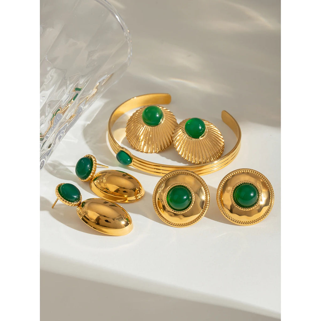 Stainless Steel 18K Vintage Round Green Agate Set Pendant Earrings Open Bangle Rust-proof Attractive Jewelry Accessories