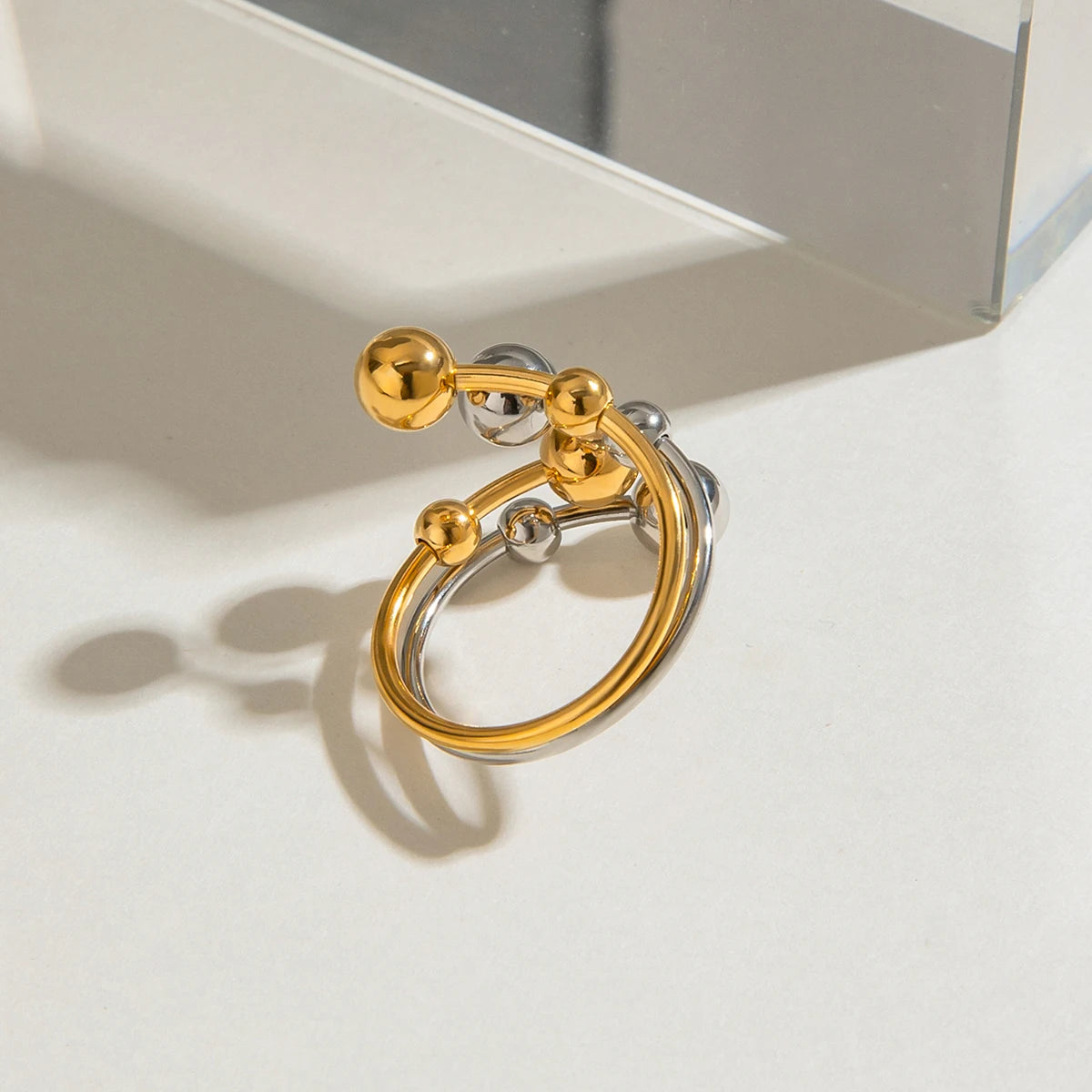 Gold Silver Color Matching Personalized Size Ball Double-layer Opening Ring Women Anti Allergic Metal Charm Daily Jewelry - Grand Goldman