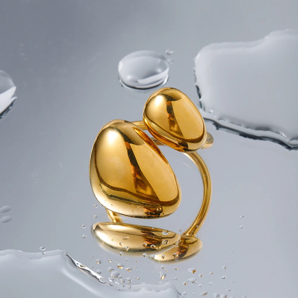 18K forgyldt rustfrit stål Rund Trekant Asymmetrisk Åben Ring Metal Tekstur Vandtæt Kvinder Charmerende Smykker Gala Gave