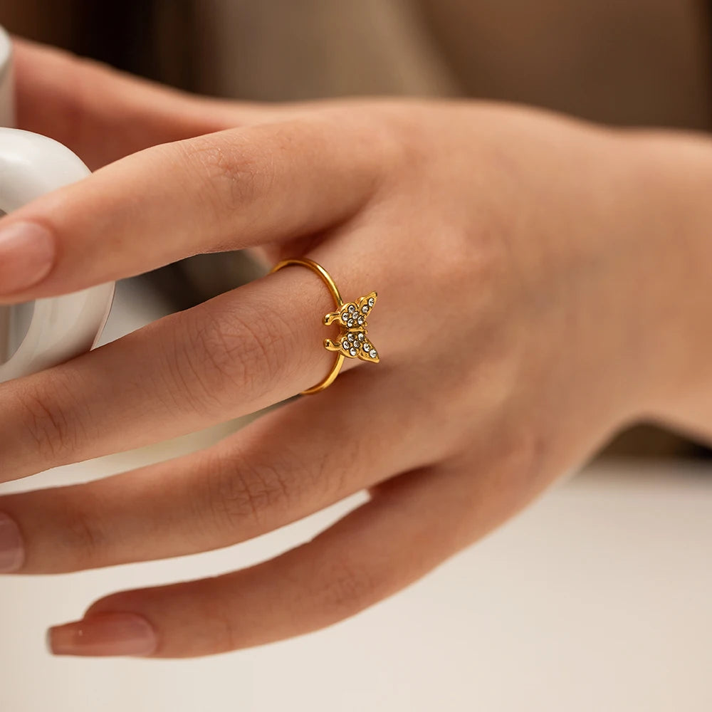 Vintage roestvrijstalen vlinder ingelegde strass open ring eenvoudige creatieve verstelbare sieraden cadeau voor vrouwen Anillos Mujer