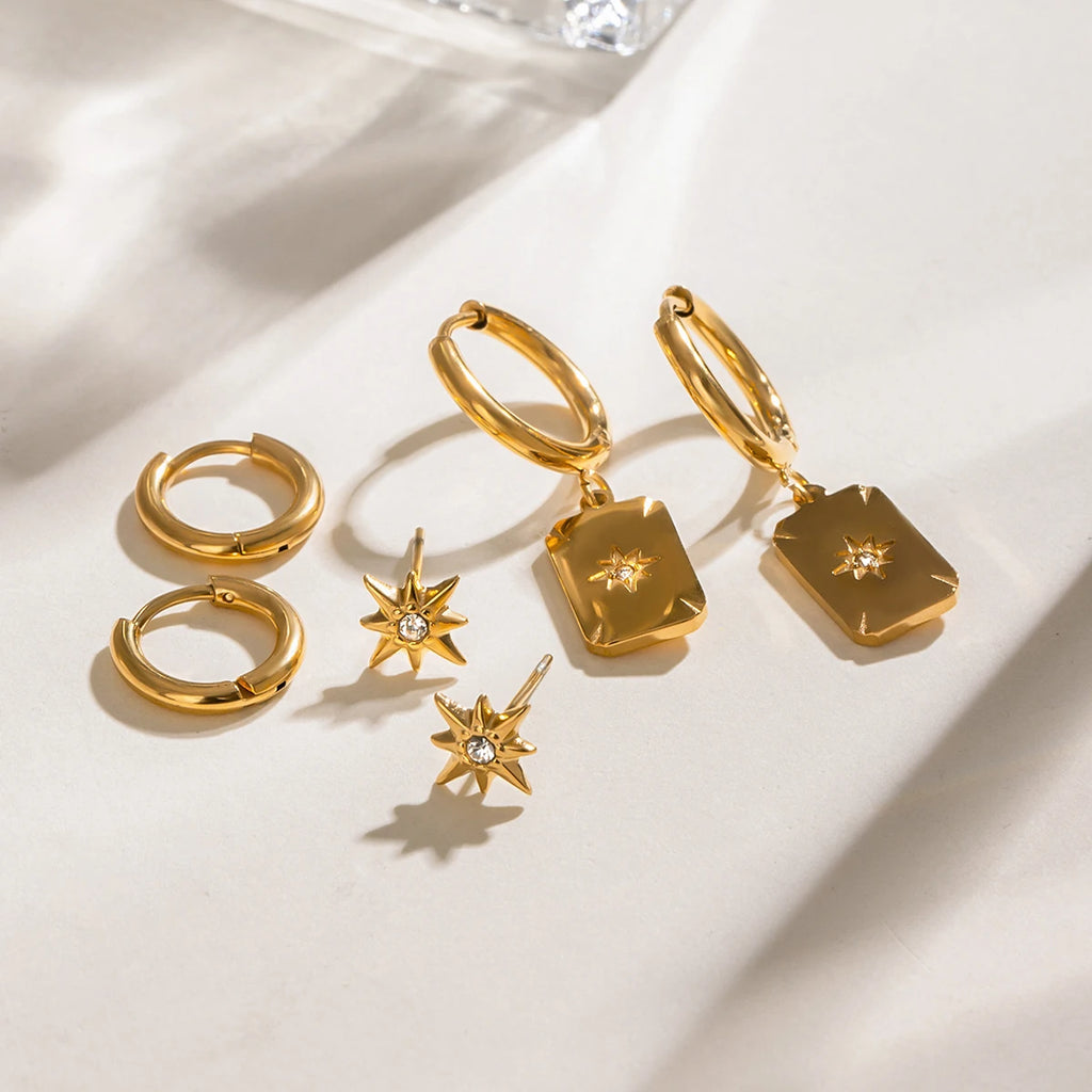 3 Pairs Per Card Stainless Steel White Rhinestone Octagonal Star Plain Circle Ear Buckle Earring Women 18K PVD Plated Jewelry