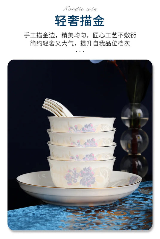 Zimo Flower Phnom Penh Bone Porcelain Tableware, Household Light Luxury Ceramic Bowl and Spoon Set, Bowl and Plate Combination