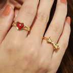 Waterproof 18k Gold Plated Stainless Steel Love Heart Opening Ring Inlay Red Agate Stylish Anti Allergic Distinctive Jewelry