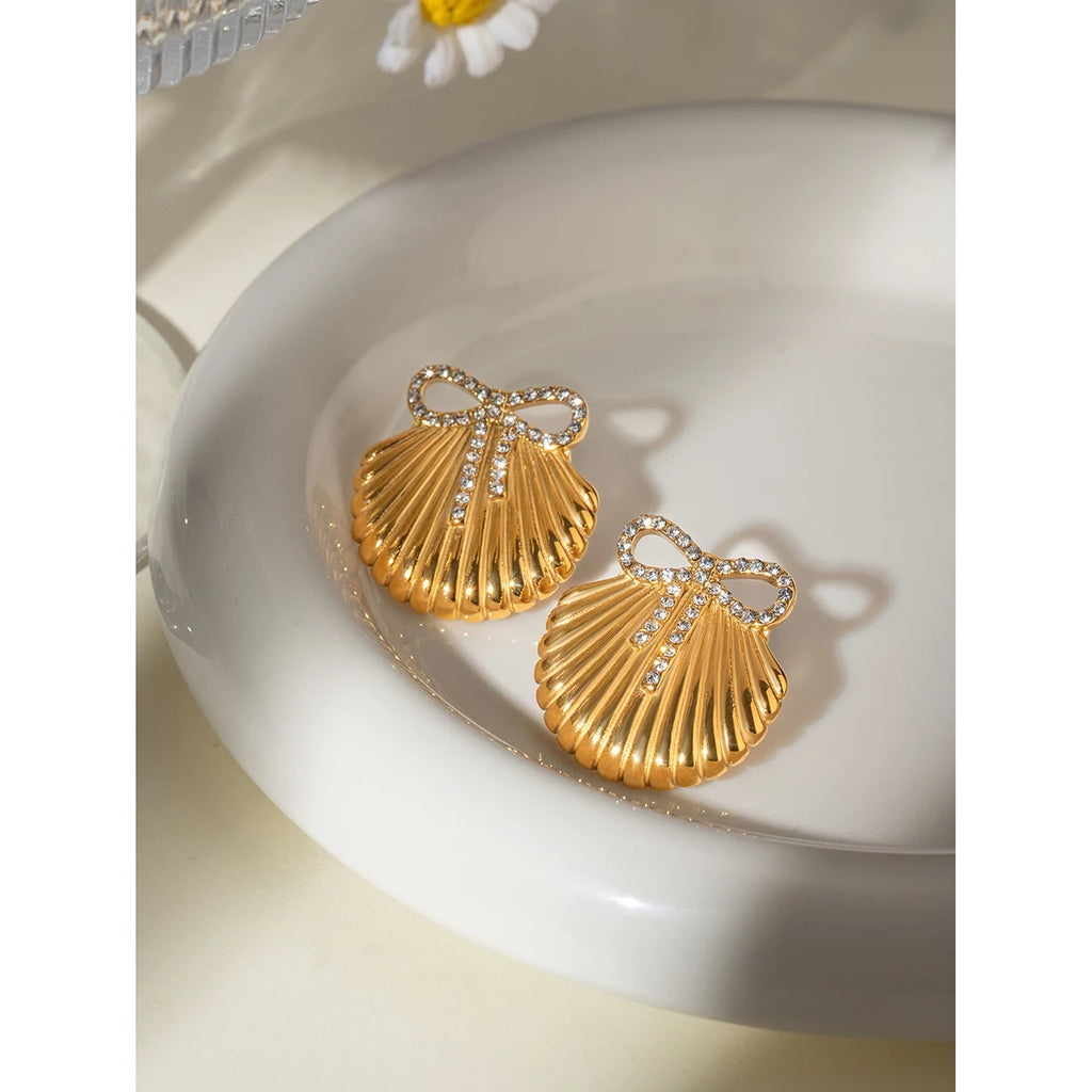 18K PVD Plated Stainless Steel Shell Design Inlay Bowknot Rhinestone Earrings Geometric Waterproof Women Exquisite Jewelry Gift - Grand Goldman