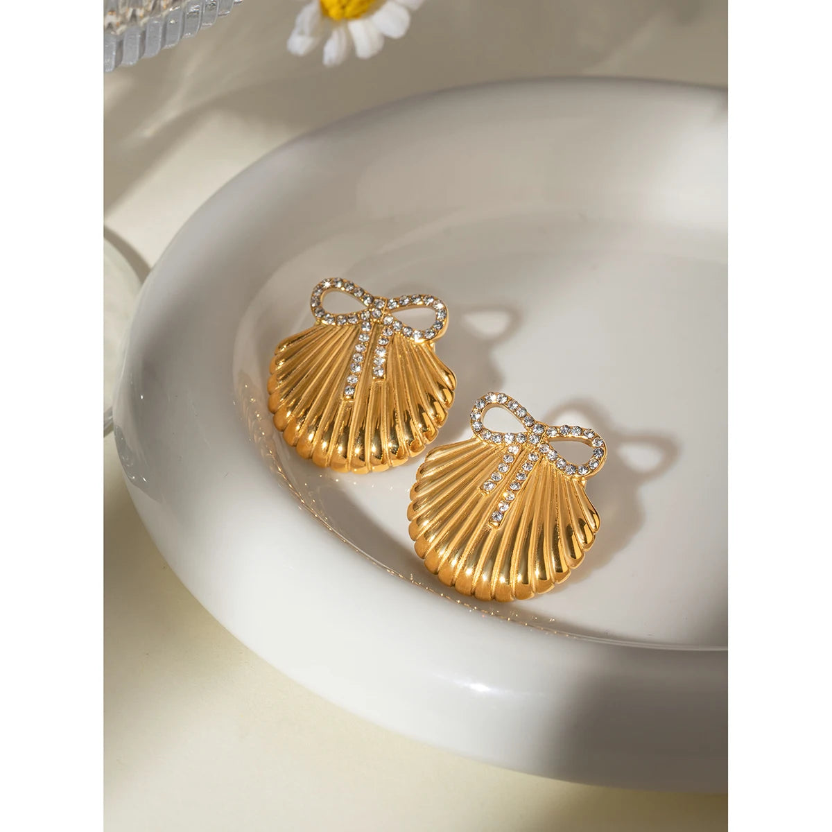 18K PVD Plated Stainless Steel Shell Design Inlay Bowknot Rhinestone Earrings Geometric Waterproof Women Exquisite Jewelry Gift - Grand Goldman