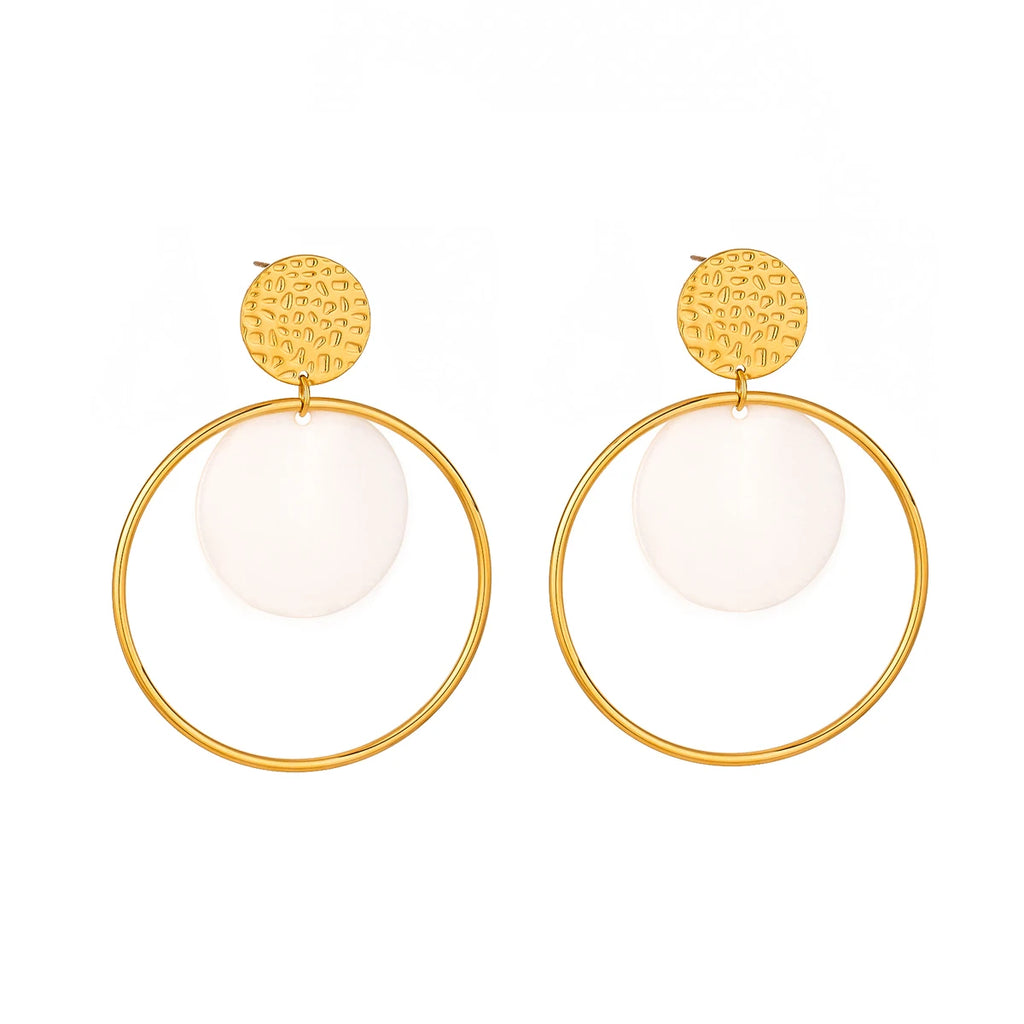 18K Gold Plated Anti Allergic Stainless Steel Hammer Grain Round Shell Hoop Earrings Charm Daily Exquisite Jewelry Bijoux Femme