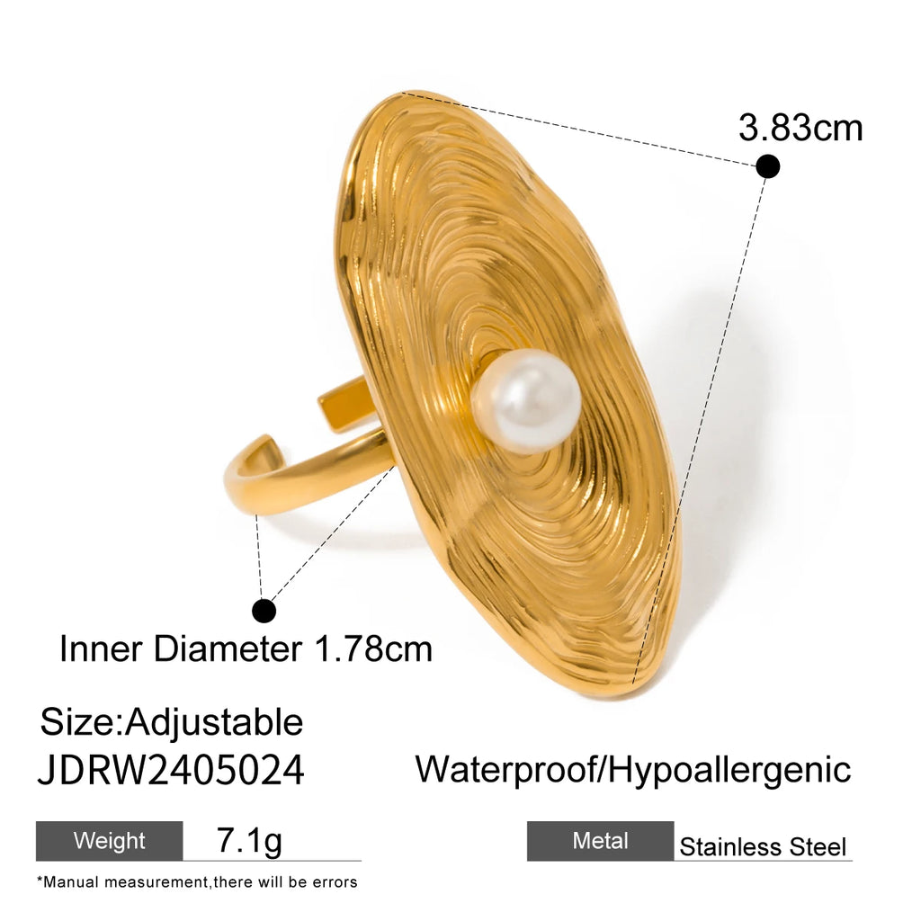 Vintage 18K Gold Plated Stainless Steel Pearl Geometric Flower Shaped Open End Ring Women Anti Allergic Charm Daily Jewelry