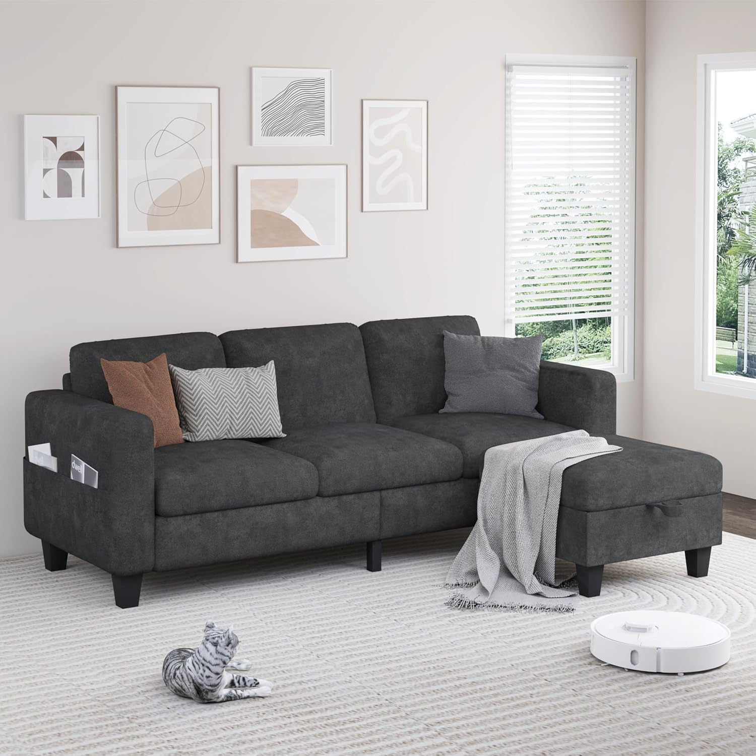 Sectional Sofa Couches for Living Room - 78'' Dark Grey 3 Seat L-Shaped Couch with Storage Ottoman, Modern Linen Convertible Sectionals Sofas with Chaise for Apartment, Office, Small Space - Grand Goldman