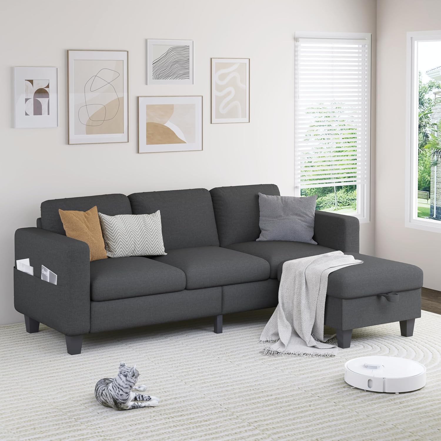 Sectional Sofa Couches for Living Room - 78'' Dark Grey 3 Seat L-Shaped Couch with Storage Ottoman, Modern Linen Convertible Sectionals Sofas with Chaise for Apartment, Office, Small Space - Grand Goldman