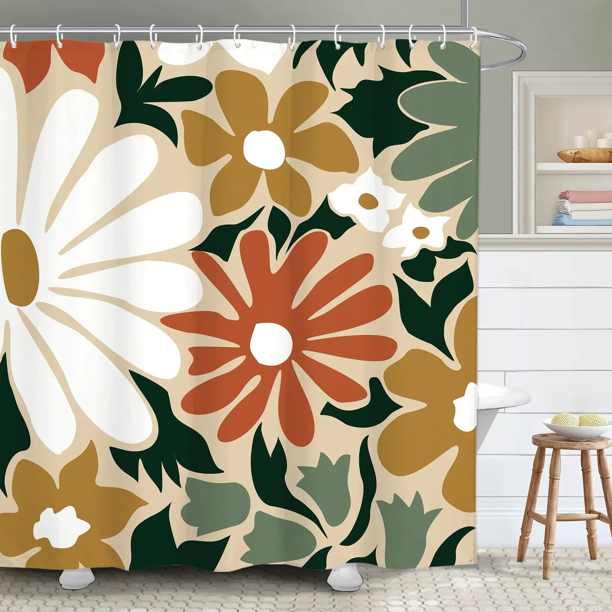 Colorful Flower Shower Curtain, Matisse Flower Danish Pastel Flower Abstract Mid-Century Minimalist Bohemian Bathroom Decoration