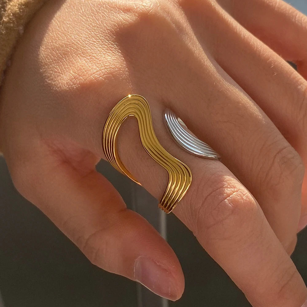 Gold Silber Farblich Passender Gewindering Unregelmäßiger Offener Ring 18K PVD Beschichtet Damen Anti-Allergisch Metall Charm Täglicher Schmuck