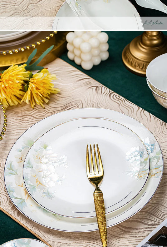 Ensemble de bols et plats en porcelaine d'os de Jingdezhen, ensemble de bols et de baguettes en céramique de luxe léger