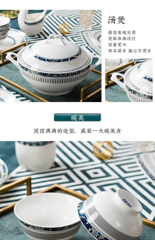 Jingdezhen Ice Blue Luksus Håndmalet keramisk service Gaveæske Kina-Chic porcelæns skåle og spisepinde sæt