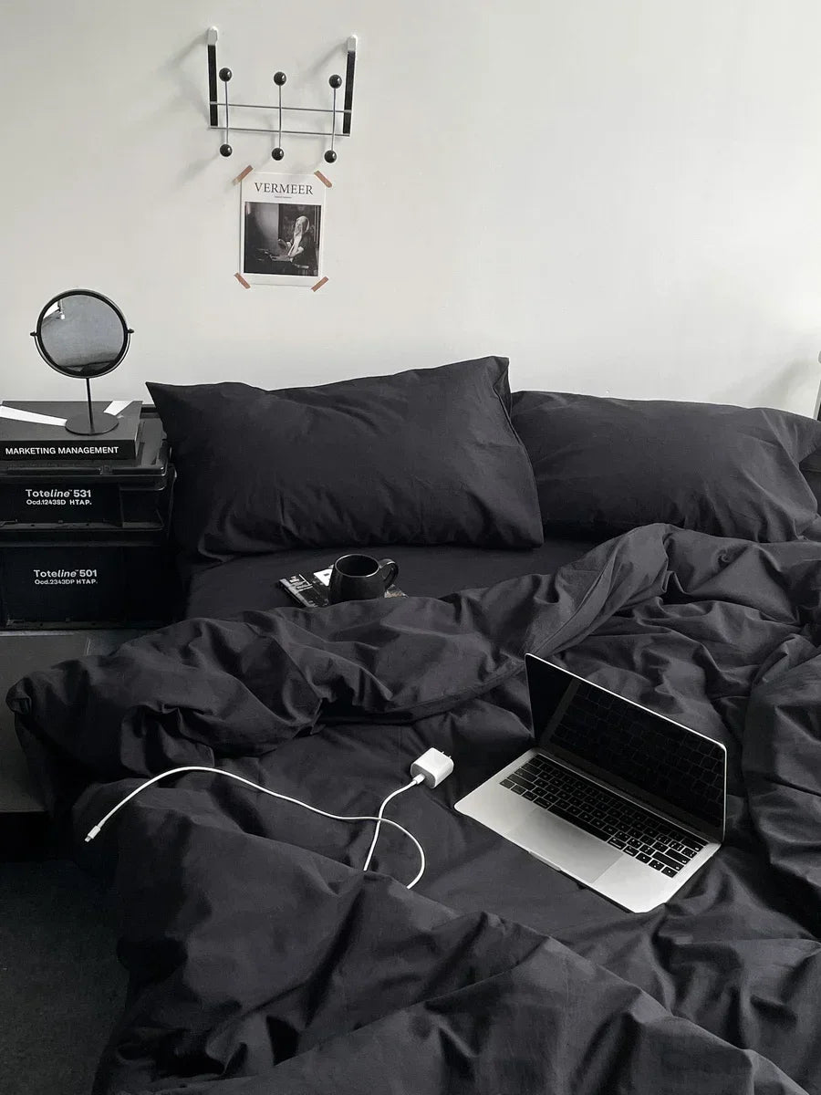 Hot Sale Washed Cotton Black Comforter Bedding Sets Soft Skin-friendly Black Duvet Cover Sets Bedroom Bed Cover Set