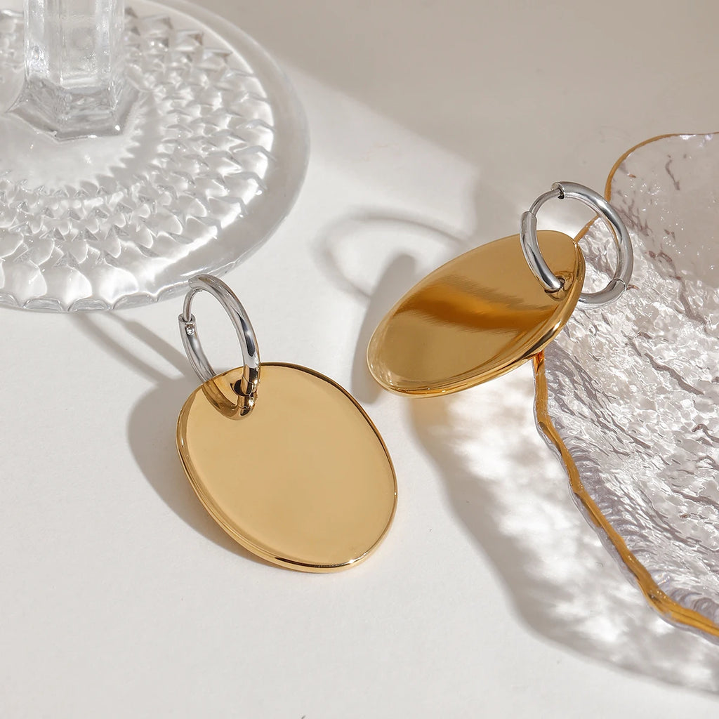 Geometrische Gold-Silber Farbblockierte Glatte Oval-Ohrringe aus Edelstahl für Damen, Statement, rostfrei, stilvoller Schmuck