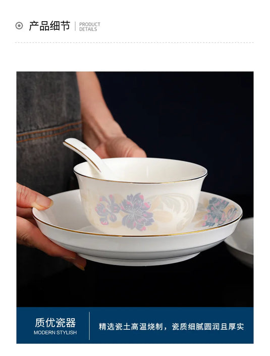 Zimo Flower Phnom Penh Bone Porcelain Tableware, Household Light Luxury Ceramic Bowl and Spoon Set, Bowl and Plate Combination