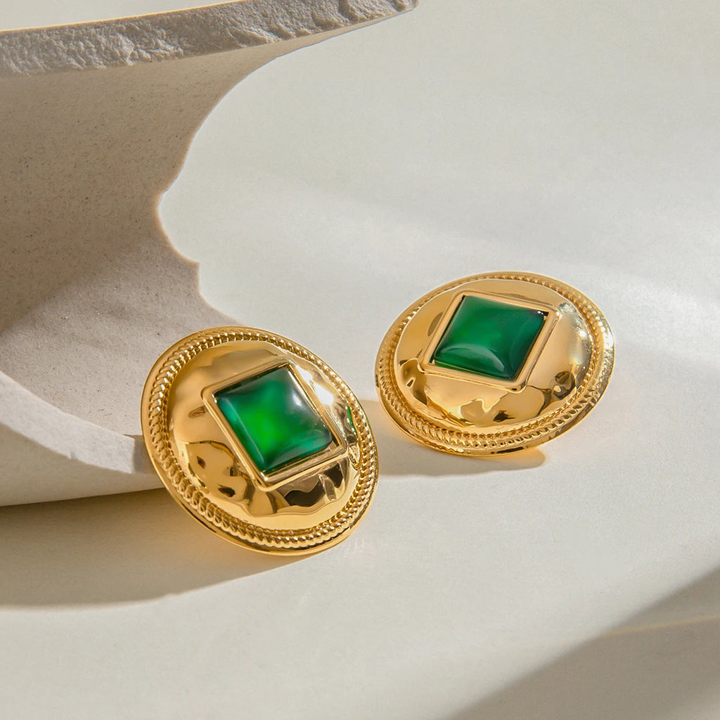 Креативные серьги-гвоздики из нержавеющей стали с позолотой 18К, с инкрустацией зеленой смолой, водонепроницаемые, привлекательные украшения для женщин