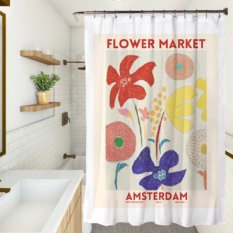 پرده دوش پارچه‌ای ضدآب با رنگ‌های تازه و گلدار، گل‌ها و گیاهان ساده، نقاشی هنری، ست‌های پرده دوش حمام، دکور