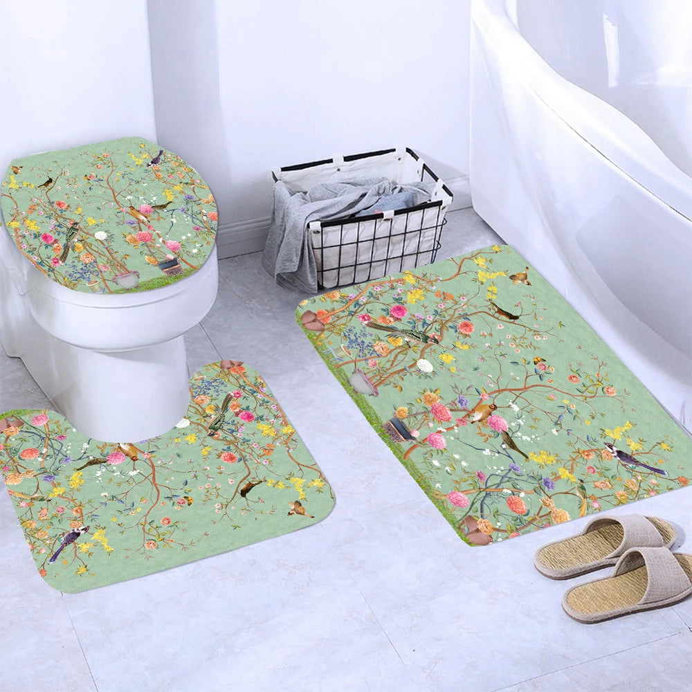 Chinese style Flowers and Birds Waterproof Shower Curtain Set Toilet Seat Cover Bath Non-Slip Mat Rug Carpet Bathroom Decor
