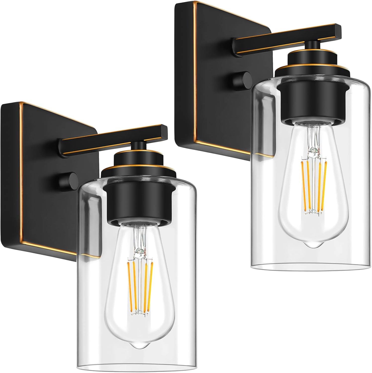 Set of 2 Wall Sconces for Bathroom, Modern Vanity Light Fixtures, Matte Black Wall Mount Lighting Lanterns, Farmhouse Wall Lights with Clear Glass Shade for Bedroom Living Room Mirror Hallway Kitchen - Grand Goldman