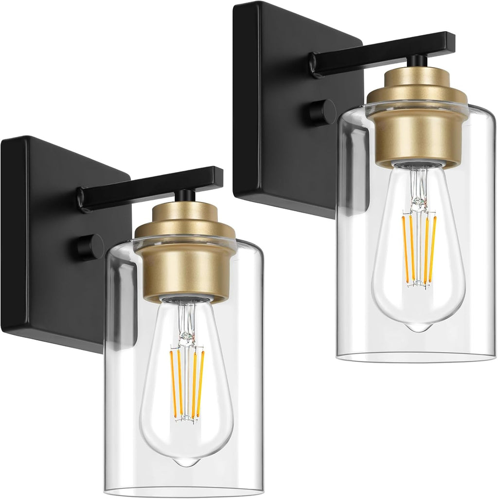 Set of 2 Wall Sconces for Bathroom, Modern Vanity Light Fixtures, Matte Black Wall Mount Lighting Lanterns, Farmhouse Wall Lights with Clear Glass Shade for Bedroom Living Room Mirror Hallway Kitchen - Grand Goldman