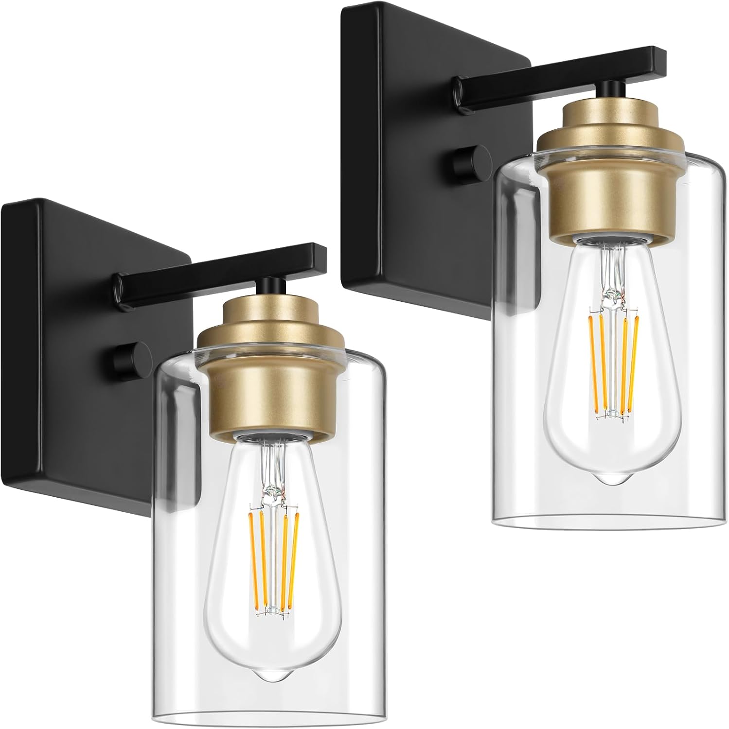 Set of 2 Wall Sconces for Bathroom, Modern Vanity Light Fixtures, Matte Black Wall Mount Lighting Lanterns, Farmhouse Wall Lights with Clear Glass Shade for Bedroom Living Room Mirror Hallway Kitchen - Grand Goldman