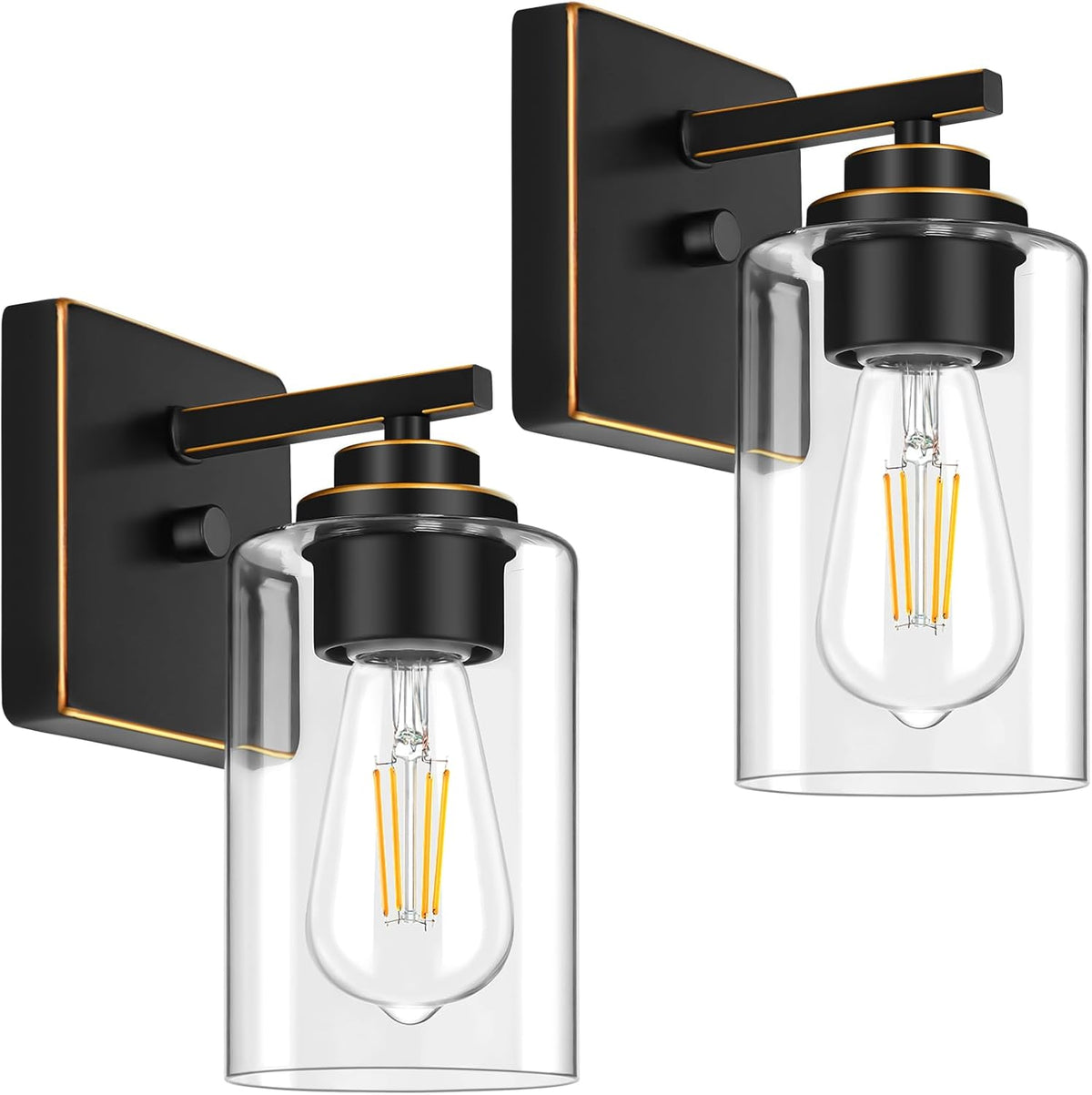 Set of 2 Wall Sconces for Bathroom, Modern Vanity Light Fixtures, Matte Black Wall Mount Lighting Lanterns, Farmhouse Wall Lights with Clear Glass Shade for Bedroom Living Room Mirror Hallway Kitchen - Grand Goldman