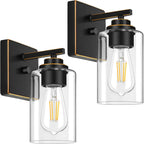 Set of 2 Wall Sconces for Bathroom, Modern Vanity Light Fixtures, Matte Black Wall Mount Lighting Lanterns, Farmhouse Wall Lights with Clear Glass Shade for Bedroom Living Room Mirror Hallway Kitchen - Grand Goldman