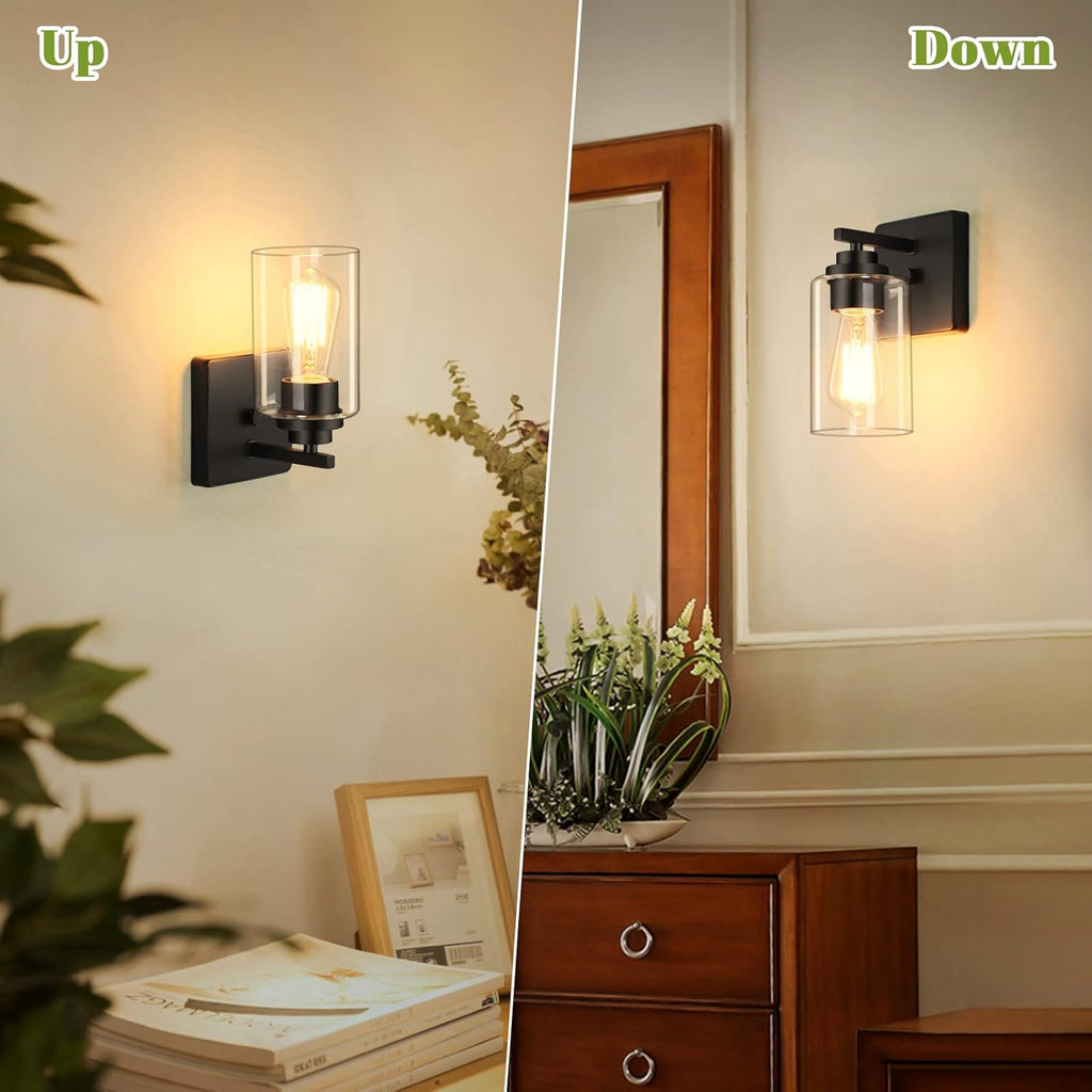 Set of 2 Wall Sconces for Bathroom, Modern Vanity Light Fixtures, Matte Black Wall Mount Lighting Lanterns, Farmhouse Wall Lights with Clear Glass Shade for Bedroom Living Room Mirror Hallway Kitchen - Grand Goldman