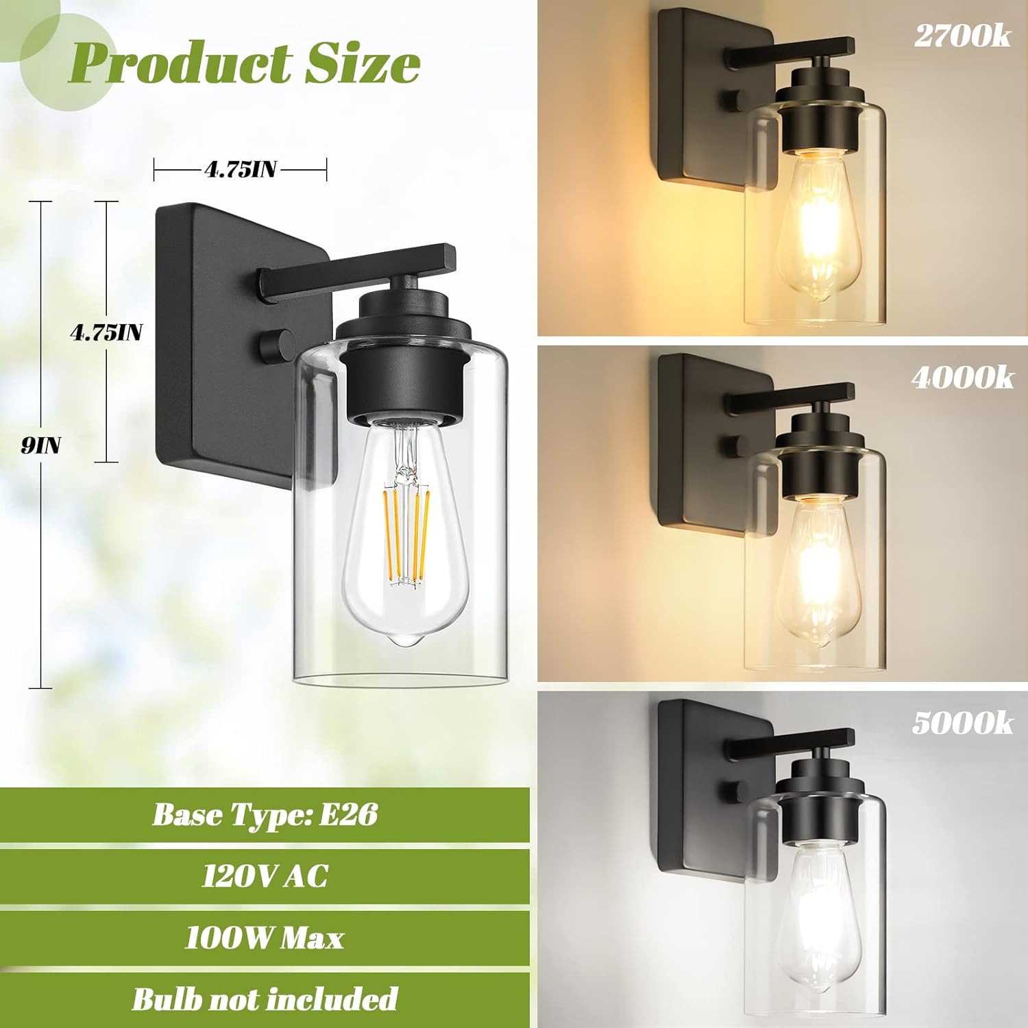 Set of 2 Wall Sconces for Bathroom, Modern Vanity Light Fixtures, Matte Black Wall Mount Lighting Lanterns, Farmhouse Wall Lights with Clear Glass Shade for Bedroom Living Room Mirror Hallway Kitchen - Grand Goldman