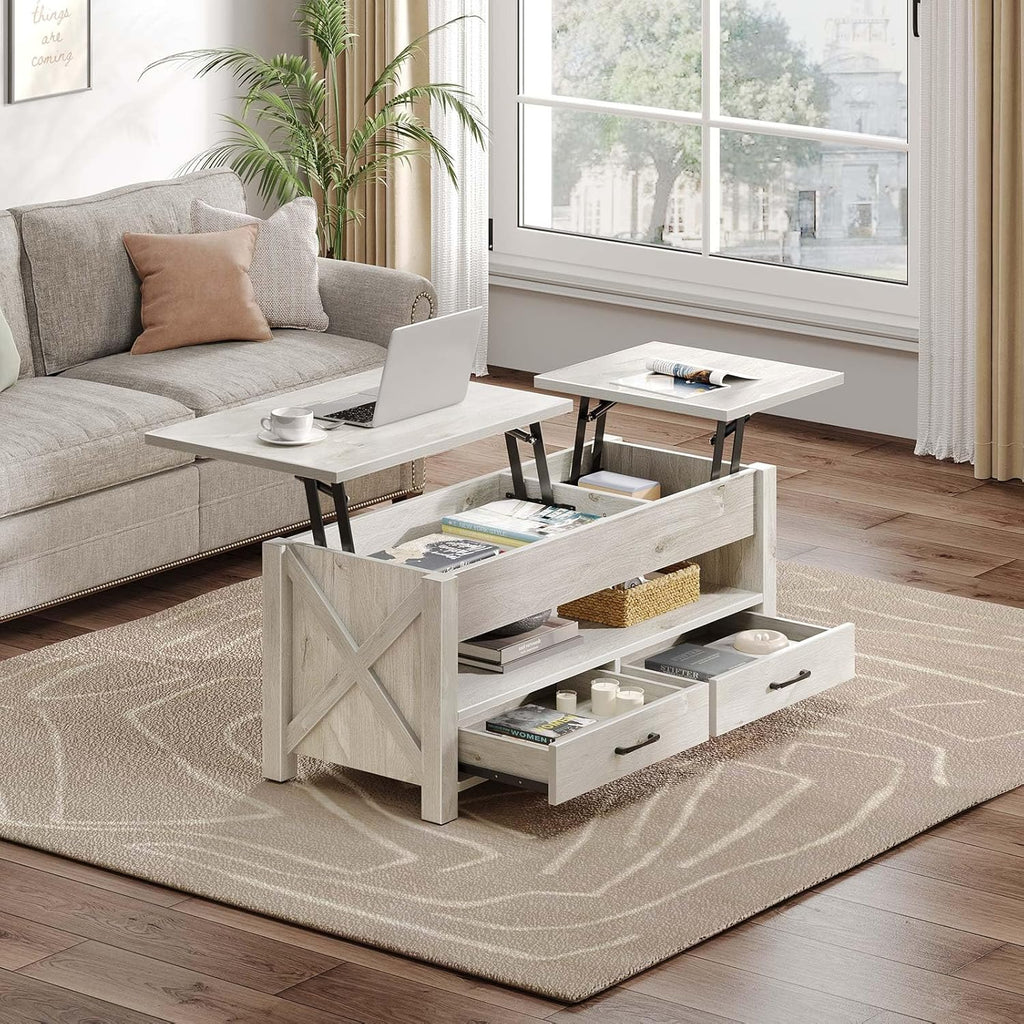 Seventable Coffee Table, 47.2" Lift Top Coffee Table with 2 Storage Drawers and Hidden Compartment, Retro Center Table with Wooden Lift Tabletop for Living Room, Gray - Grand Goldman