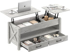 Seventable Coffee Table, 47.2" Lift Top Coffee Table with 2 Storage Drawers and Hidden Compartment, Retro Center Table with Wooden Lift Tabletop for Living Room, Gray - Grand Goldman