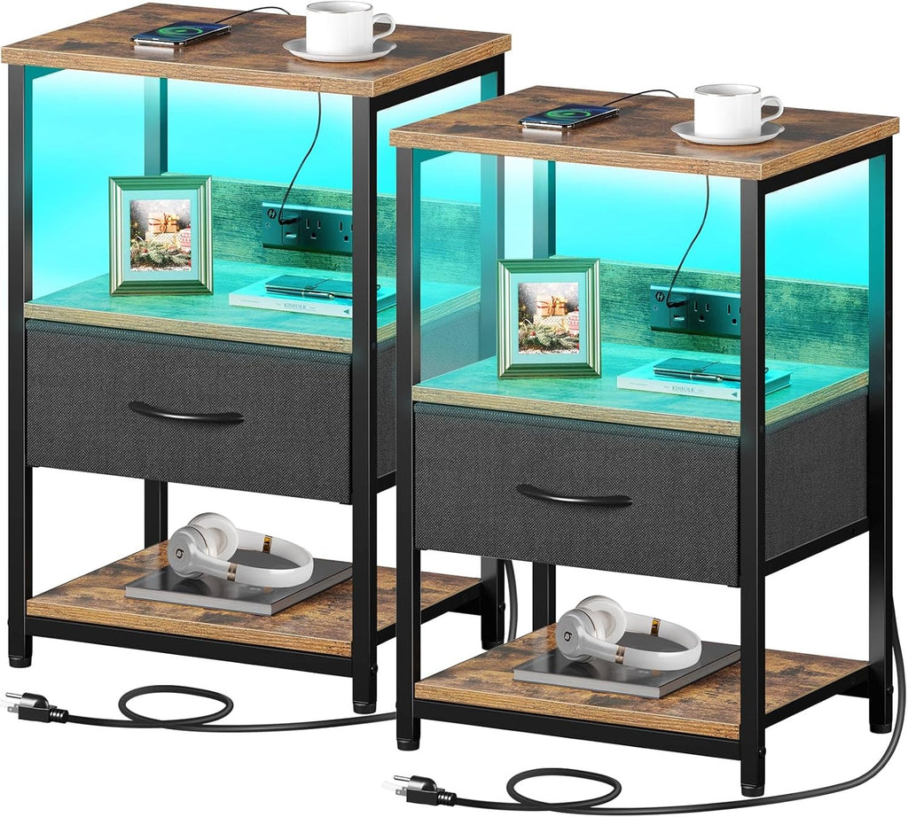 Seventable Nightstand with Charging Station, LED Bedside Table with Adjustable Fabric Drawer, Night Stand with Storage, 3-Tier Bed Side Table, End Table for Bedroom, Living Room, Greige - Grand Goldman